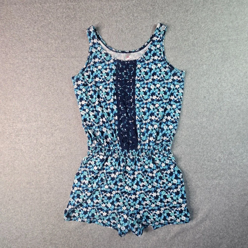 Justice Floral Romper Girls 16‎ Blue Crochet Lace Sleeveless Summer Boho Vacay